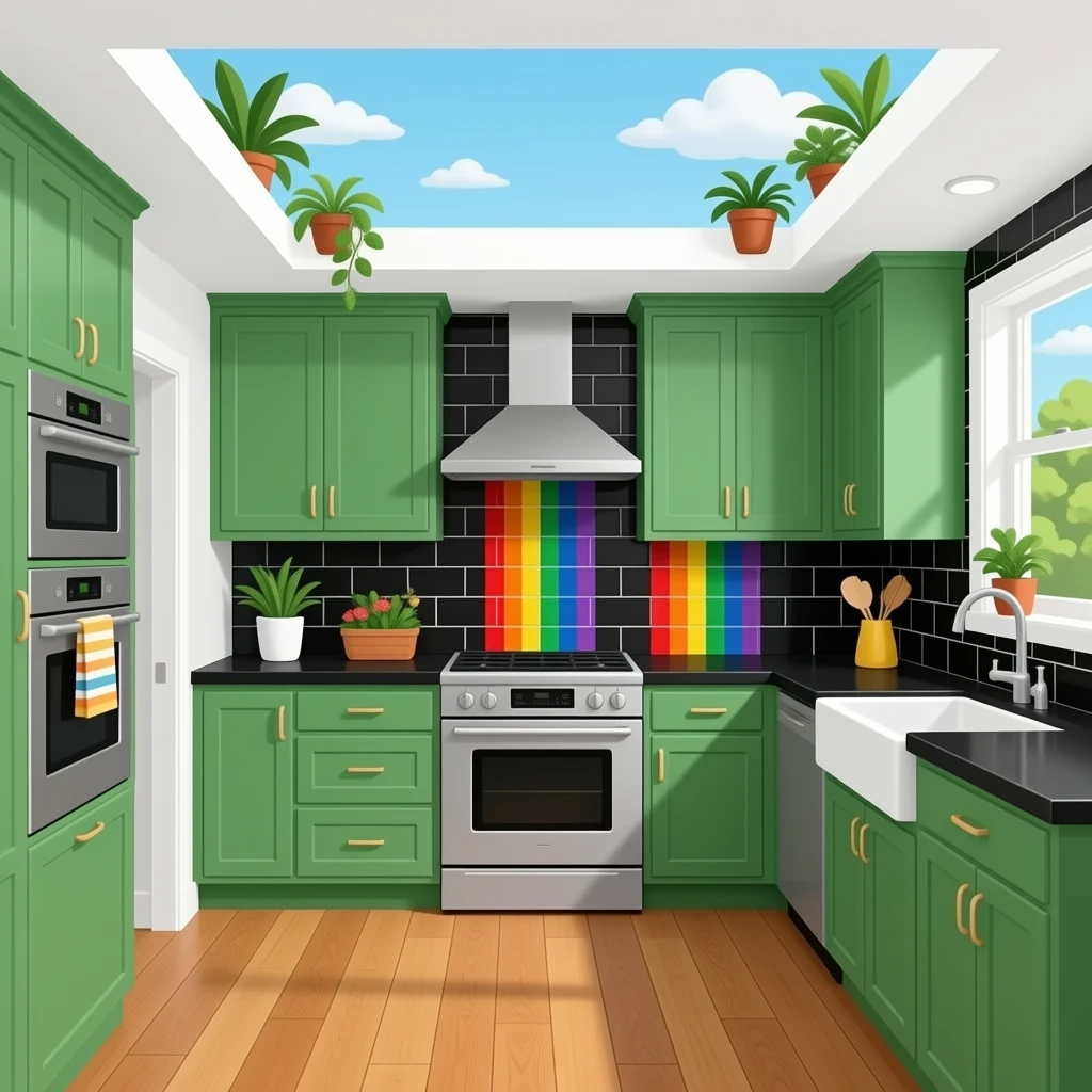 fancy kitchen with black wall tiles and rainbow lines, kelly Green cabinets, black countertops, wood floors and decorative plants on the ceiling emoji