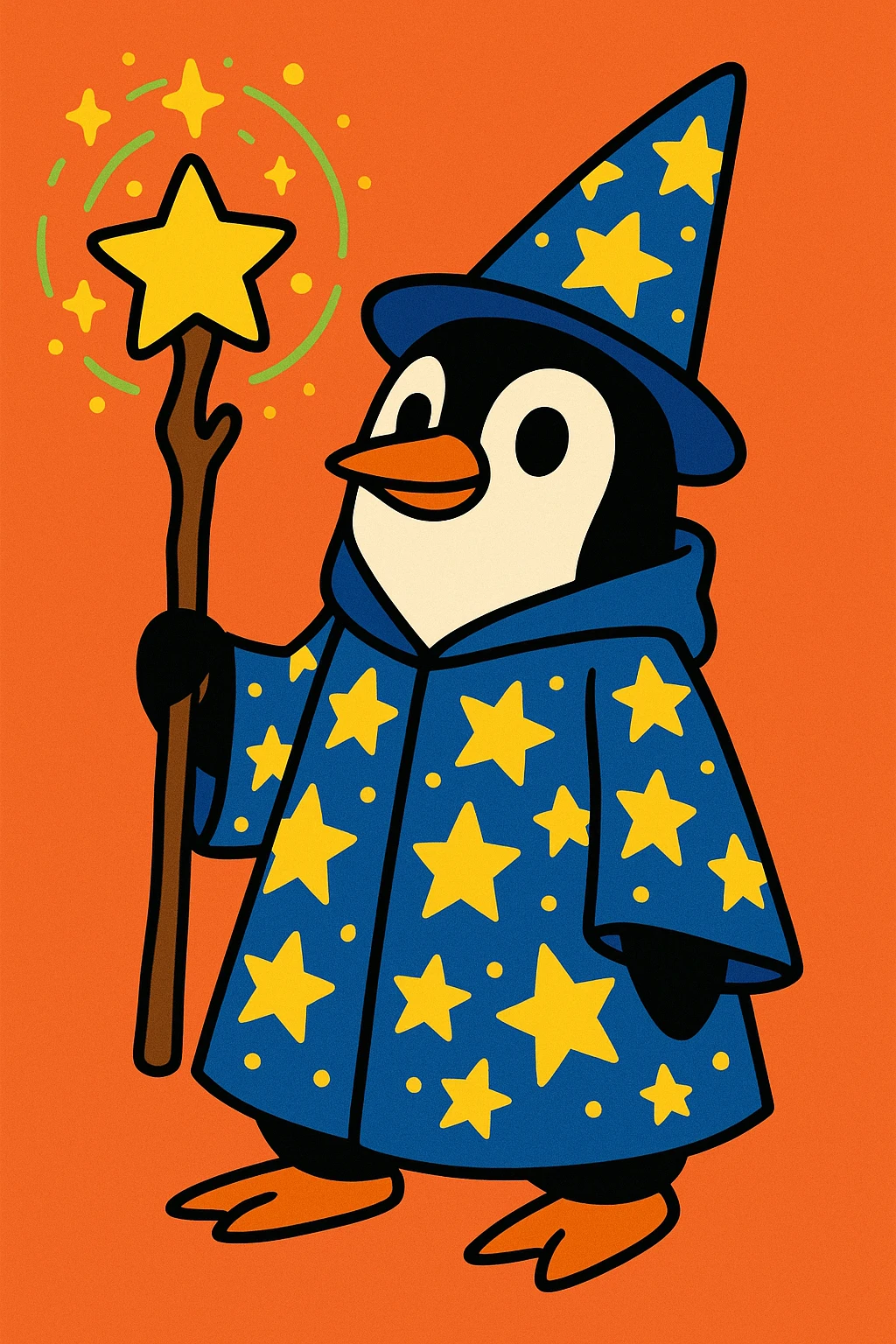 a penguin wizard with a starry robe and a magical staff, whimsical cartoon style emoji