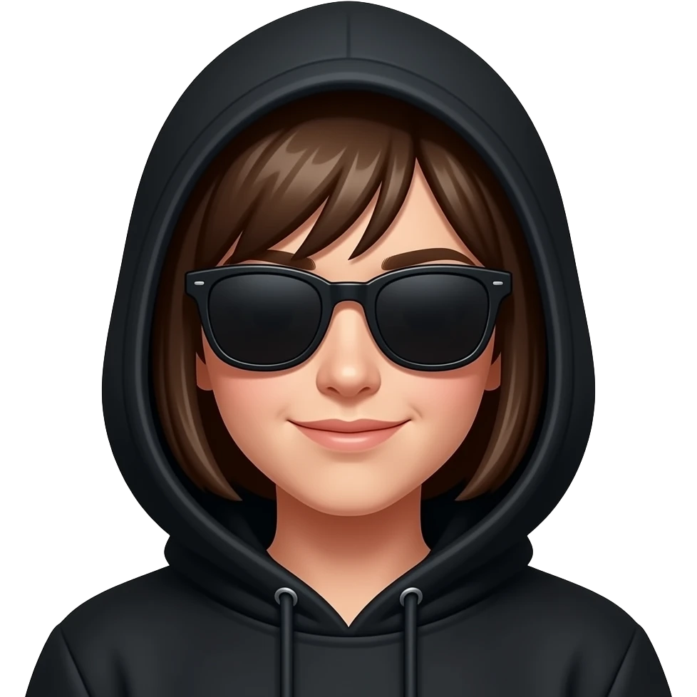 A girl wearing a Black hoodie with entire face is hidden in shadow.  She’s wearing black sunglasses and her hair is covering her face. The only part of her face showing slight smirk on one side of her mouth emoji
