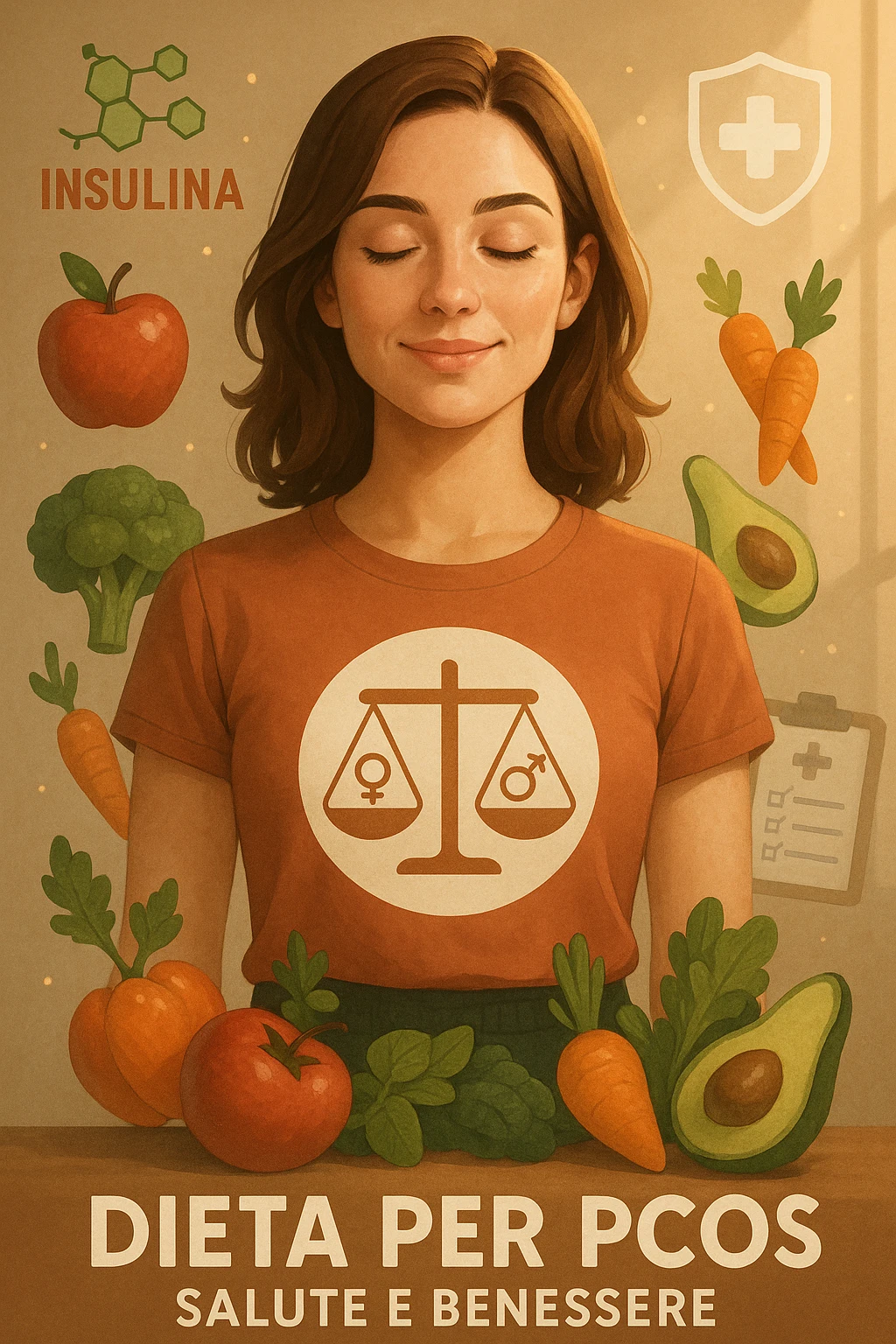 vertical cinematic illustration of a healthy-looking woman with regular insulin thanks to a diet for PCOS, visual elements of health and hormonal harmony, positive clinical atmosphere, Italian captions, aspect ratio 2:3 emoji