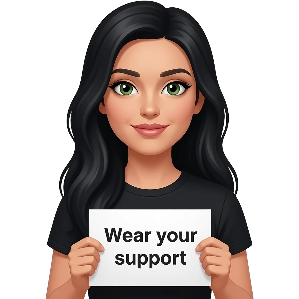 A beautiful woman with long jet black hair green eyes with black eyeliner very very long eyelashes and she has pale skin and wearing a black tshirt and holding a sign saying “Wear your support” emoji