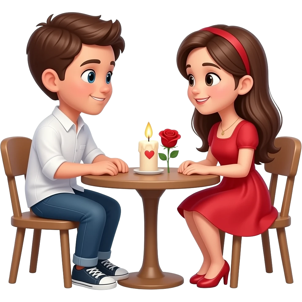 Doi oameni tineri stau la o masă mică, față în față. Un băiat cu păr șaten și cămașă albă și o fată cu păr lung și rochie roșie. Pe masă este o lumânare aprinsă și un trandafir. Ei zâmbesc și se privesc în ochi, într-o atmosferă romantică de Valentine’s Day emoji