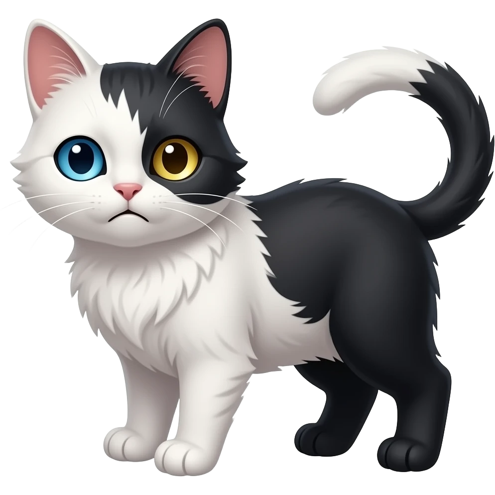 Chimera cat; one sad is white with blue eye, the other side is black with golden eye emoji