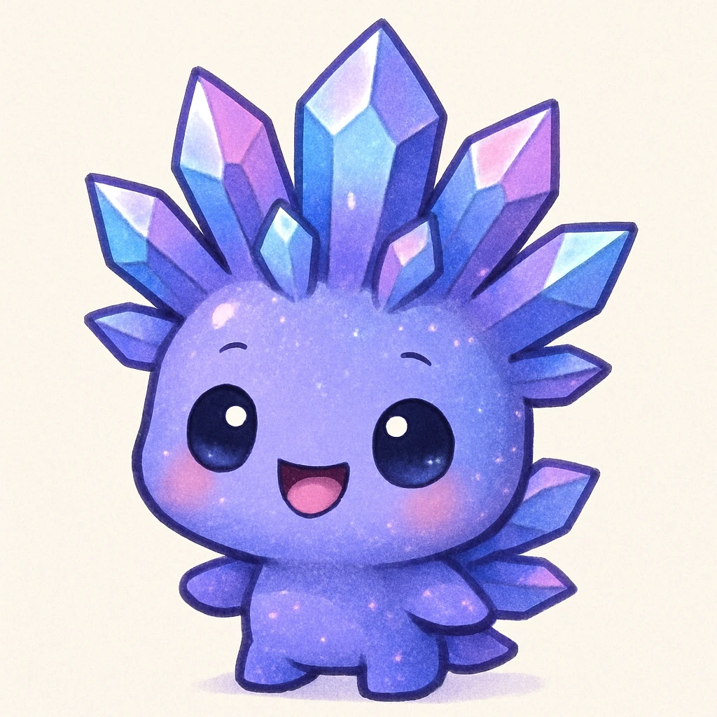 Change the expression to happy, keeping the chibi kawaii crystal sprite creature in purple, blue, and pink colors, cute and adorable, with crystal-like features. Maintain the chibi kawaii crystal sprite style and color scheme. emoji
