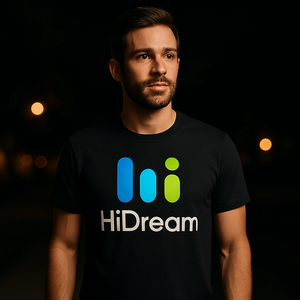 man wearing tshirt with this logo, dark night background with dim lights emoji