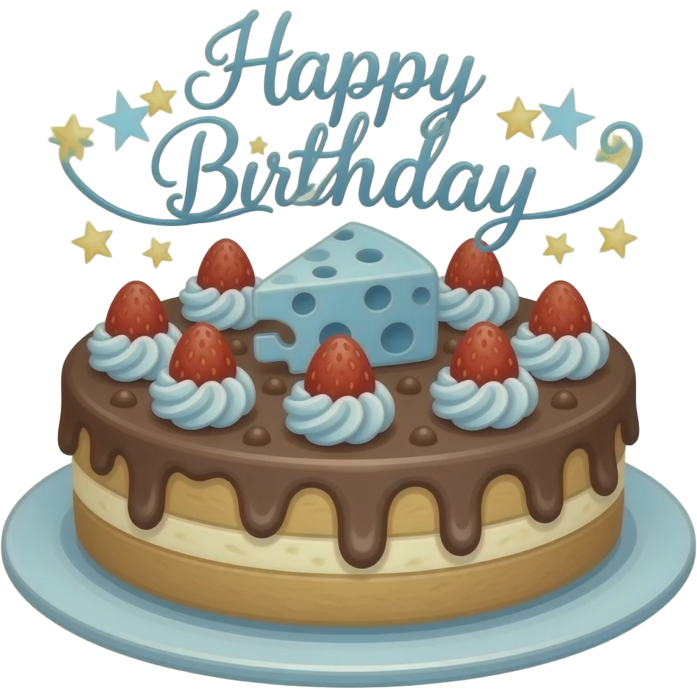 A cheese and chocolate strawberry cake that’s all blue with starry letters saying happy birthday Beatrix in cursive emoji