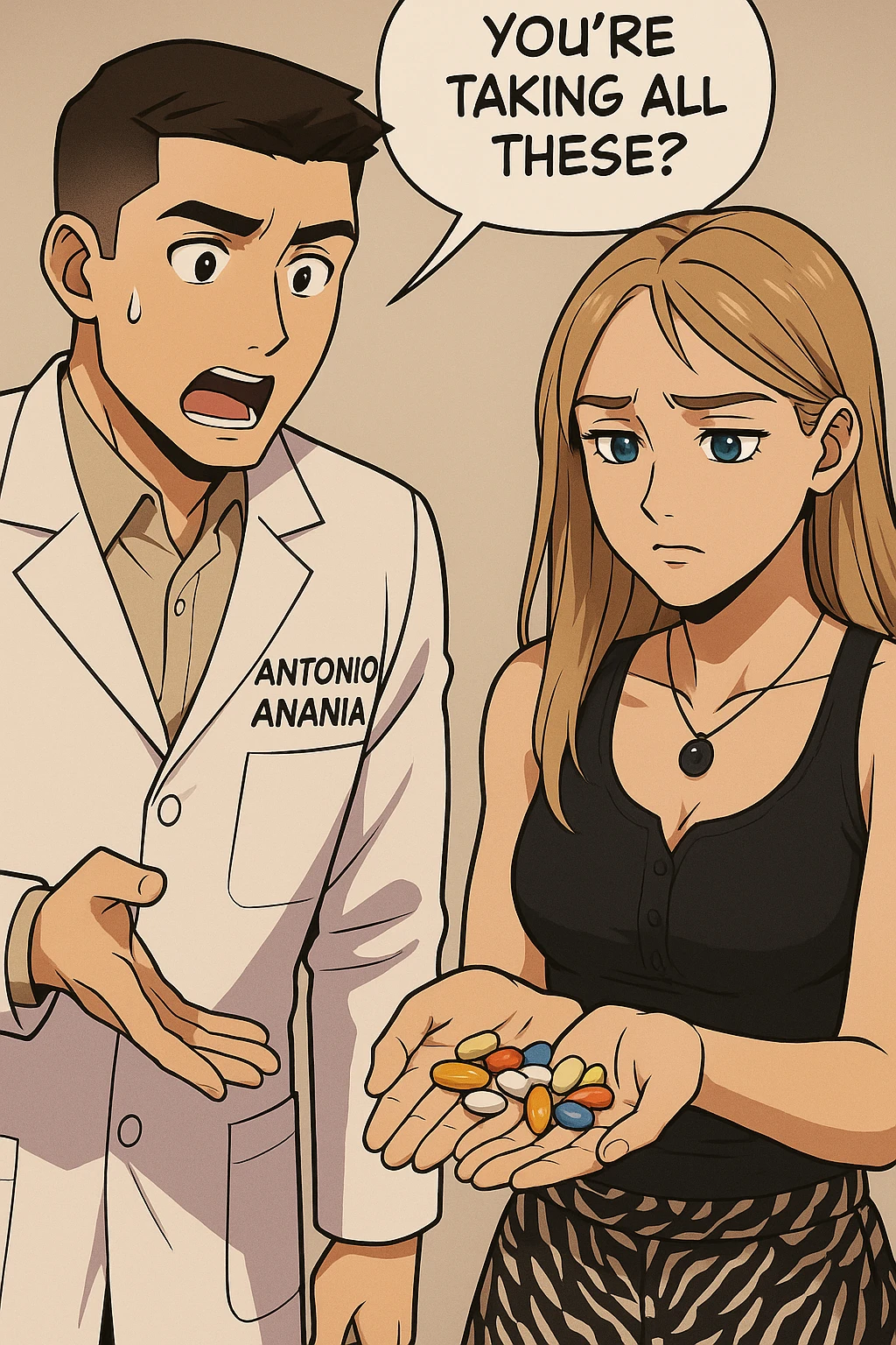 fai un webtoon/manga a colori con questo kinesiologo in camice bianco (fagli la scritta "ANTONIO ANANIA" SUL CAMICE) CHE PARLA CON QUESTA RAGAZZA CON GLI OCCHI AZZURRI. LA RAGAZZA HA UN PUGNO DI INTEGRATORI IN MANO (TANTE PILLOLE DIVERSE) E LE GUARDA DUBBIOSA. IL KINESIOLOGO CON IL CAMICE BIANCO LE DOMANDA UNA COSA SCIOCCATO. NON FARE I FUMETTI, FAI SOLO LORO COME SE DIALOGASSERO emoji