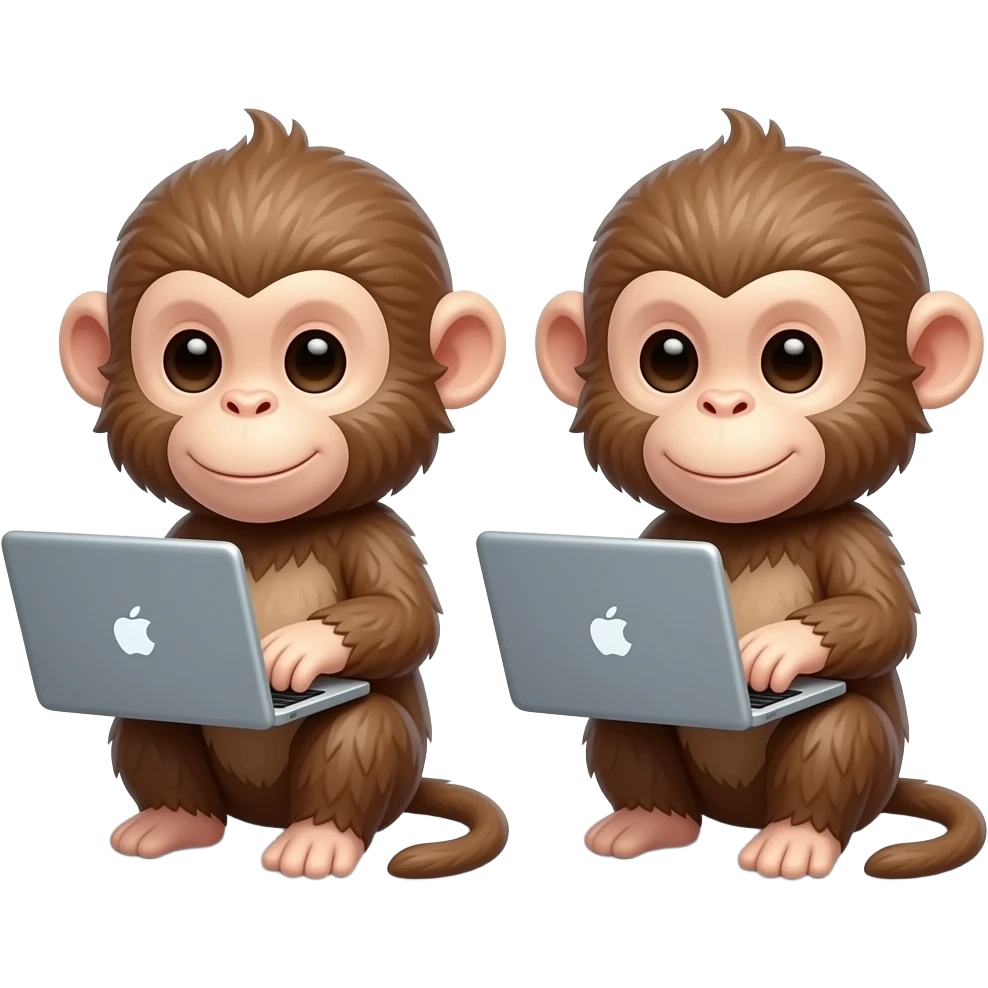 rois petits singes assis côte à côte qui tapent calmement sur des ordinateurs portables emoji