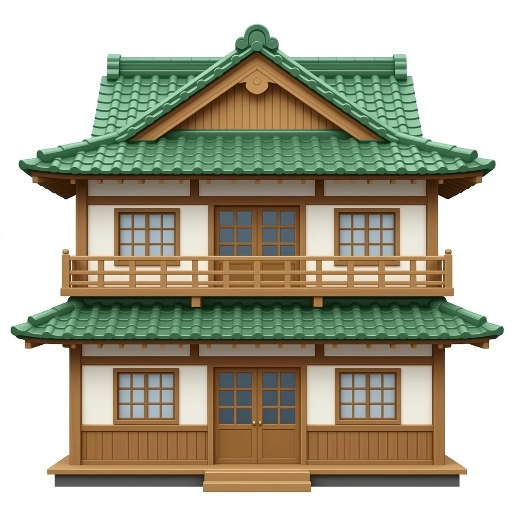 Oak Wooden japanese house with green roof 3d png no background only 2 floor house png emoji
