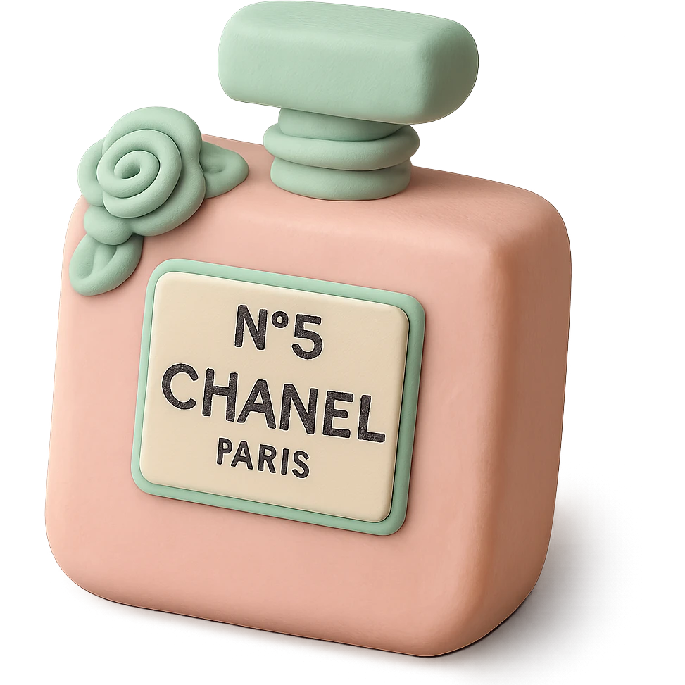 Chanel perfume bottle cake in fondant cake art style, pastel pink and mint, elegant and delicate emoji