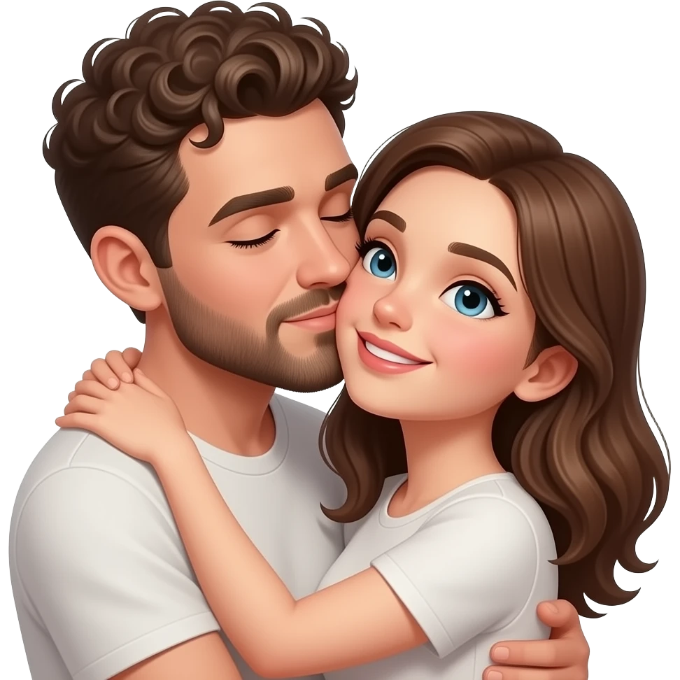 Realistic white man super short curly brown hair with beard kissing passionately and hugging realistic white girl brown hair emoji
