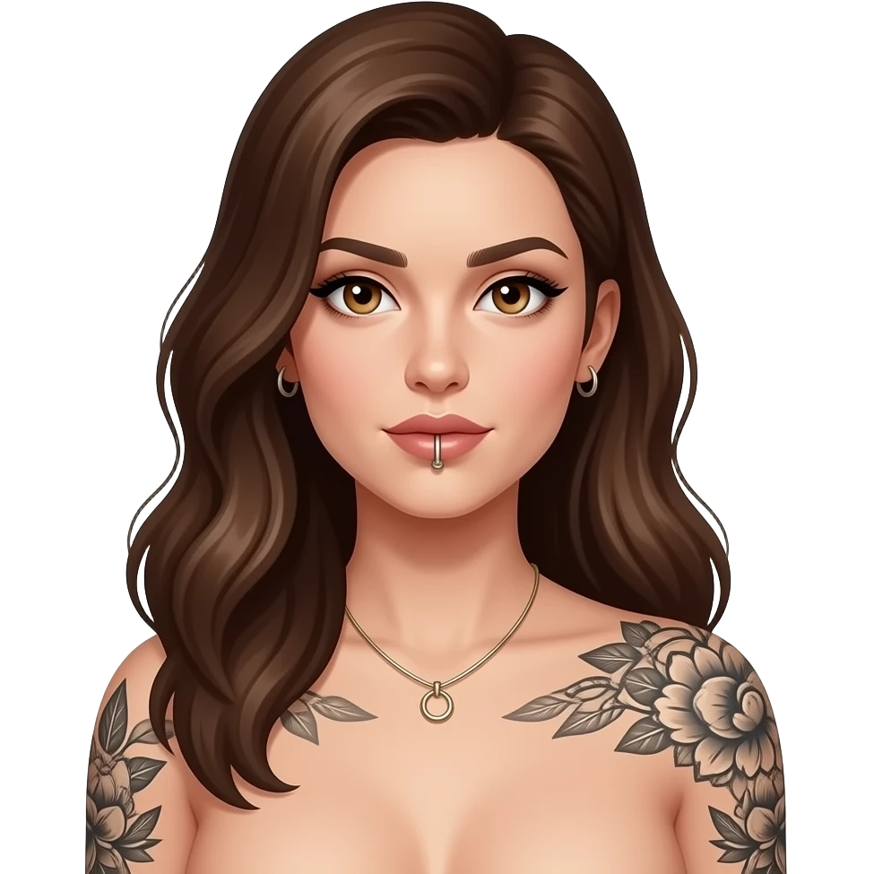 Naked woman with hazel eyes, long brown hair, and detailed tattoo sleeves. Include small metallic barbell-style body jewelry, tastefully integrated and non-explicit. Confident expression, smooth glossy rendering, clean background. emoji