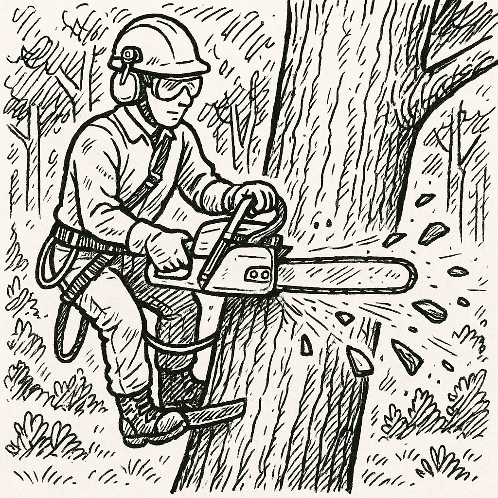 professional arborist cutting down a large tree with chainsaw, wearing safety helmet and protective gear. Scene includes detailed tree trunk, falling wood pieces, forest background, dynamic movement, and emphasis on expertise and safety in tree removal, black doodle emoji