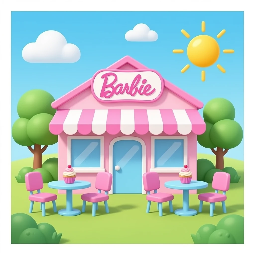 A sweet Barbie-style pastel cupcake café without background emoji