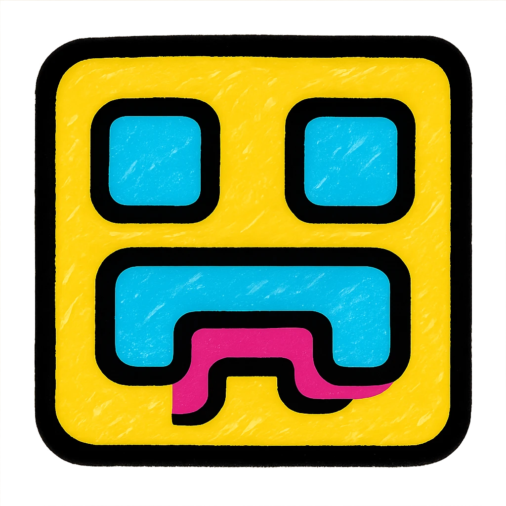 Geometry Dash inspired emoji, yellow cube with blue eyes and mouth, colorful style emoji