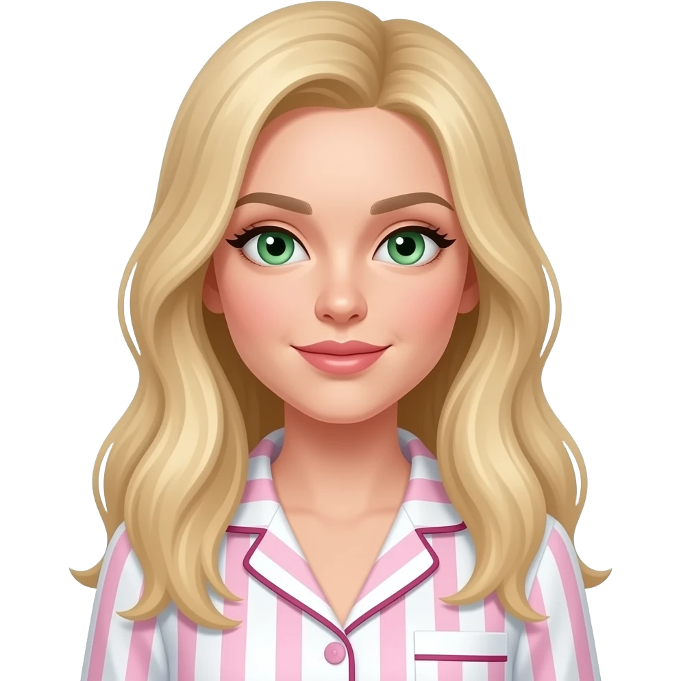 A blonde girl with long hair and green eyes, wearing white pajamas with pink stripes, just like the ones from Victoria's Secret. emoji