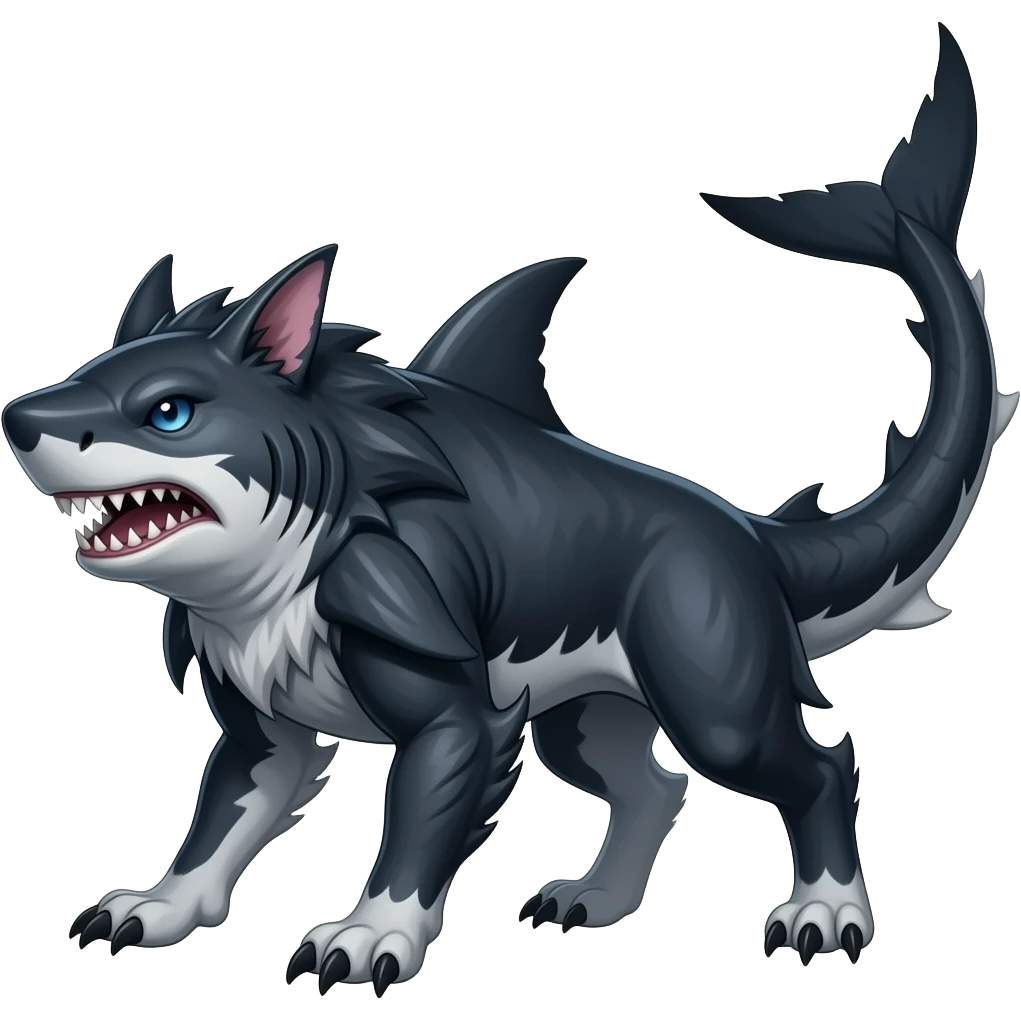 4-legged gothic ruff rough digitigrade dark badass edgy carvanha-sharpedo-Houndoom-Shark-Night-Fury-hybrid-fusion-creature, with a long shark tail behind, full body emoji