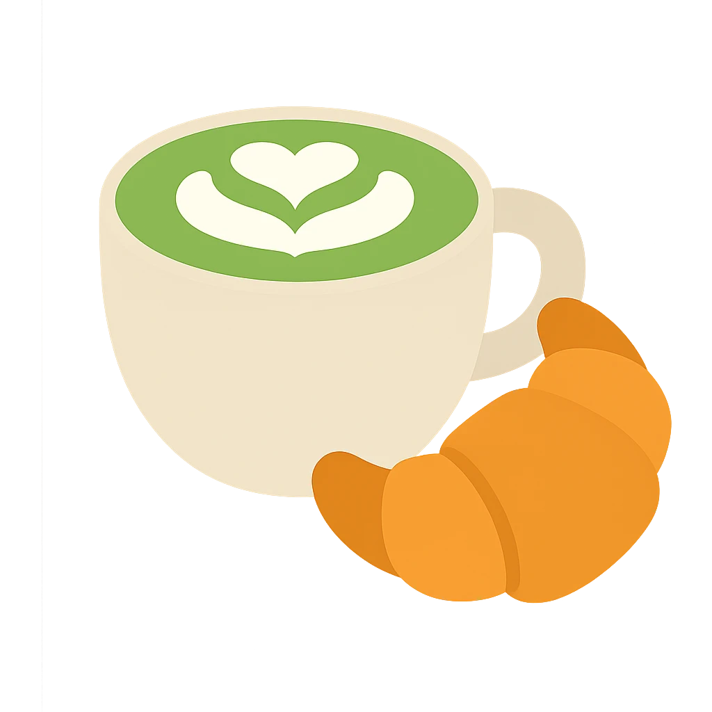 icon style matcha latte with croissant, inviting and cozy emoji