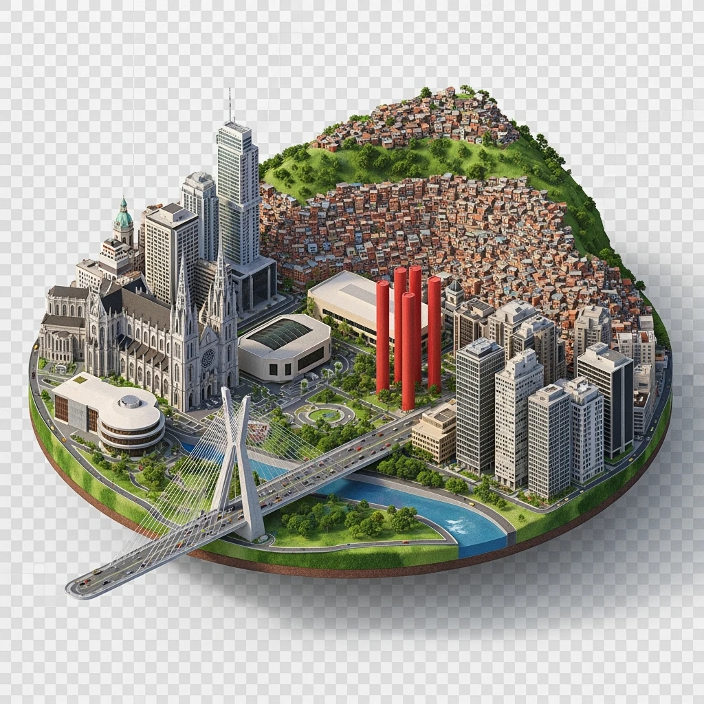 Isometric сircle miniature of São Paulo Catedral da Sé, MASP on red pillars, Octávio Frias Bridge, and Altino Arantes building, favelas on hillsides, dense chaotic urban blocks, and green parks 3D miniature effect and Tilt Shift effect, no cartoonish look, transparent background. emoji