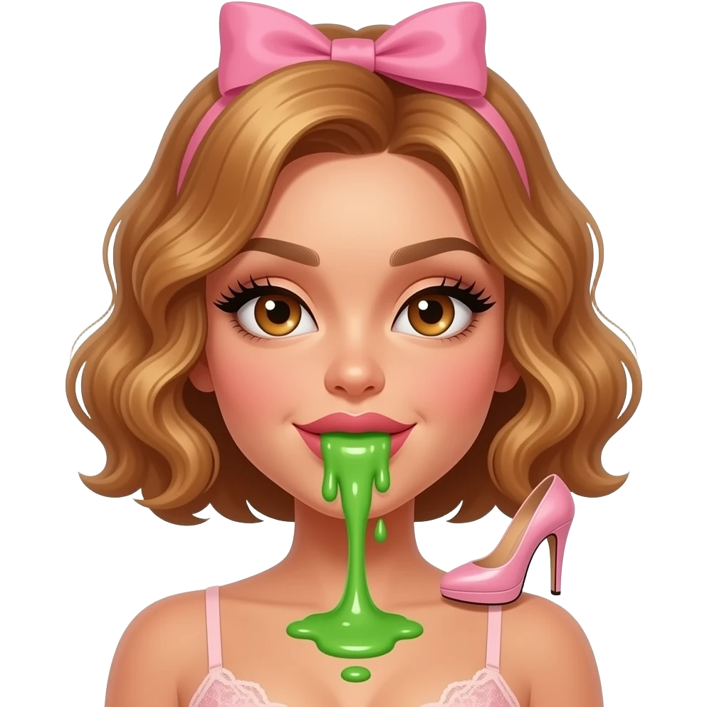glamours,-tanned,-very-beautiful-woman-with-big-plump-rose-beige-lips,-long-lashes,-honey-silky-very short- hair,-wavy-hair,-with pink bow in hair -hazel-eyes-wearing-nude-lace-lingerie-nude-stilettos,-vommiting-green-puke emoji