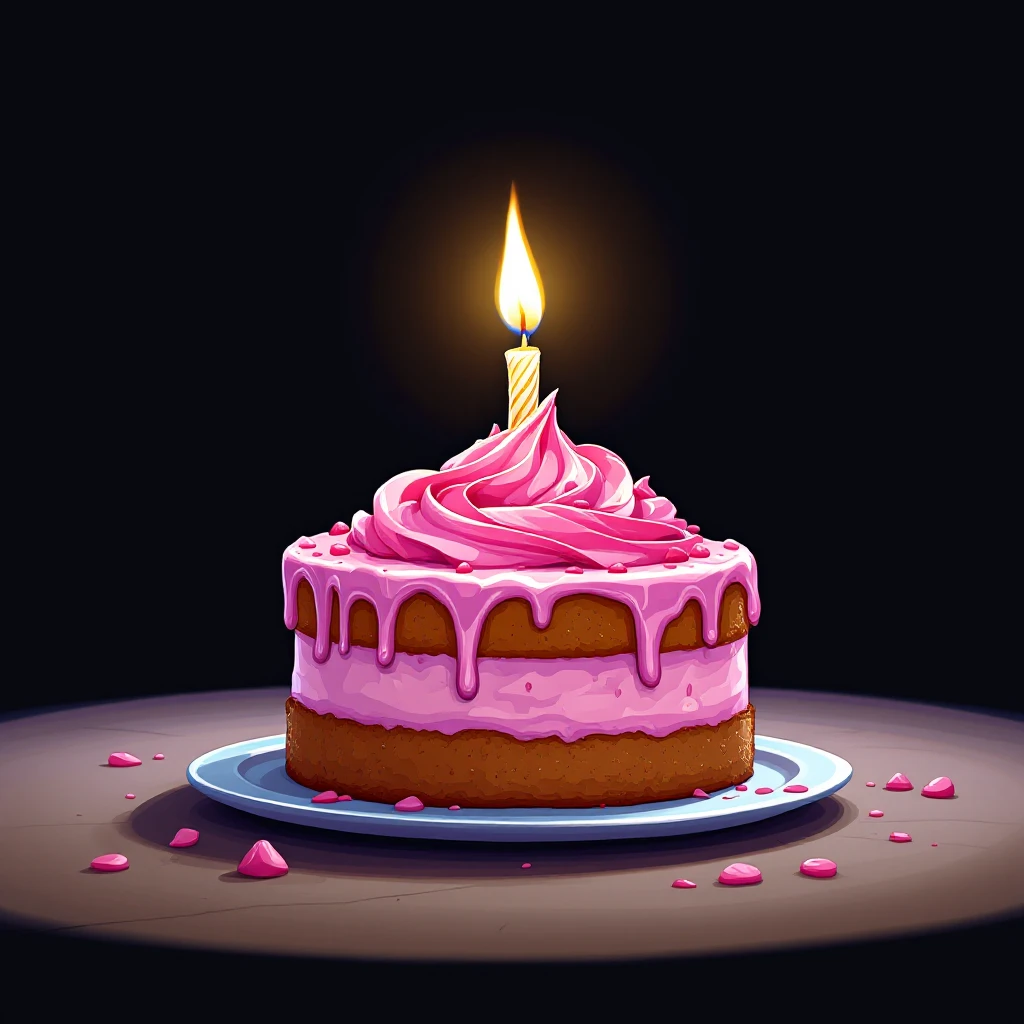 Draw pixar style a birthday cake with pink cream and a single candle emoji