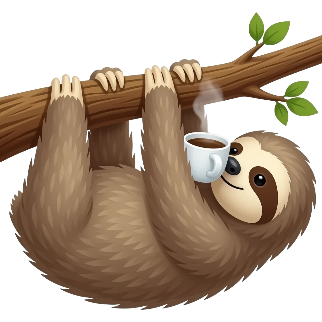 hanging sloth big tree branch drink coffee hanging emoji