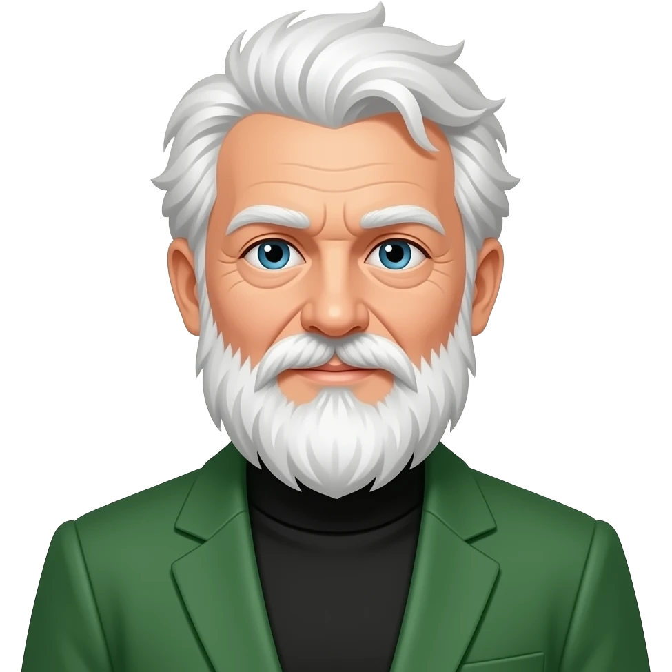 old man with a straggly white beard and wild white hair wearing a green blazer and a black turtleneck emoji