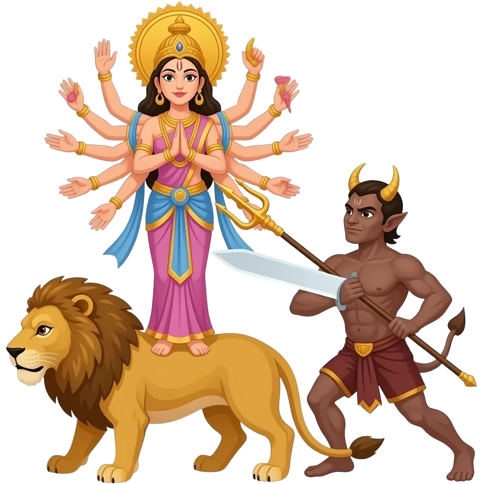 Create an emoji of a goddess with ten hands standing with one leg on a lion's back and another leg on a brownish demon and the goddess is stabbing him in his chest with a trident with her two front arms emoji