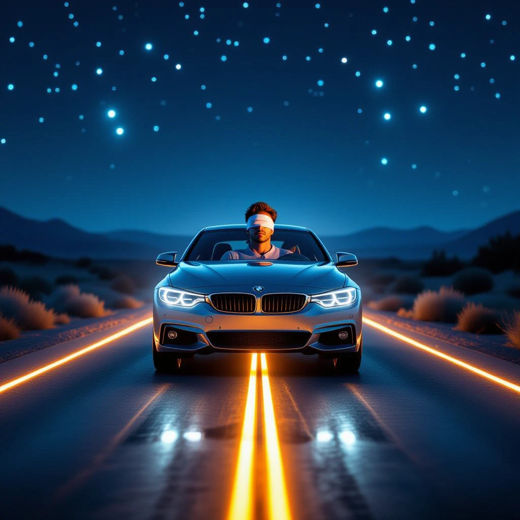 A car driving on a glowing road with a blindfolded man sitting inside. emoji
