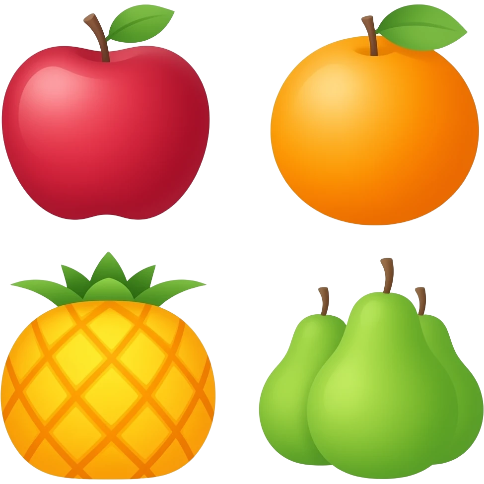 Apple, Oranage, Pineapple, Pear put together vector flat emoji