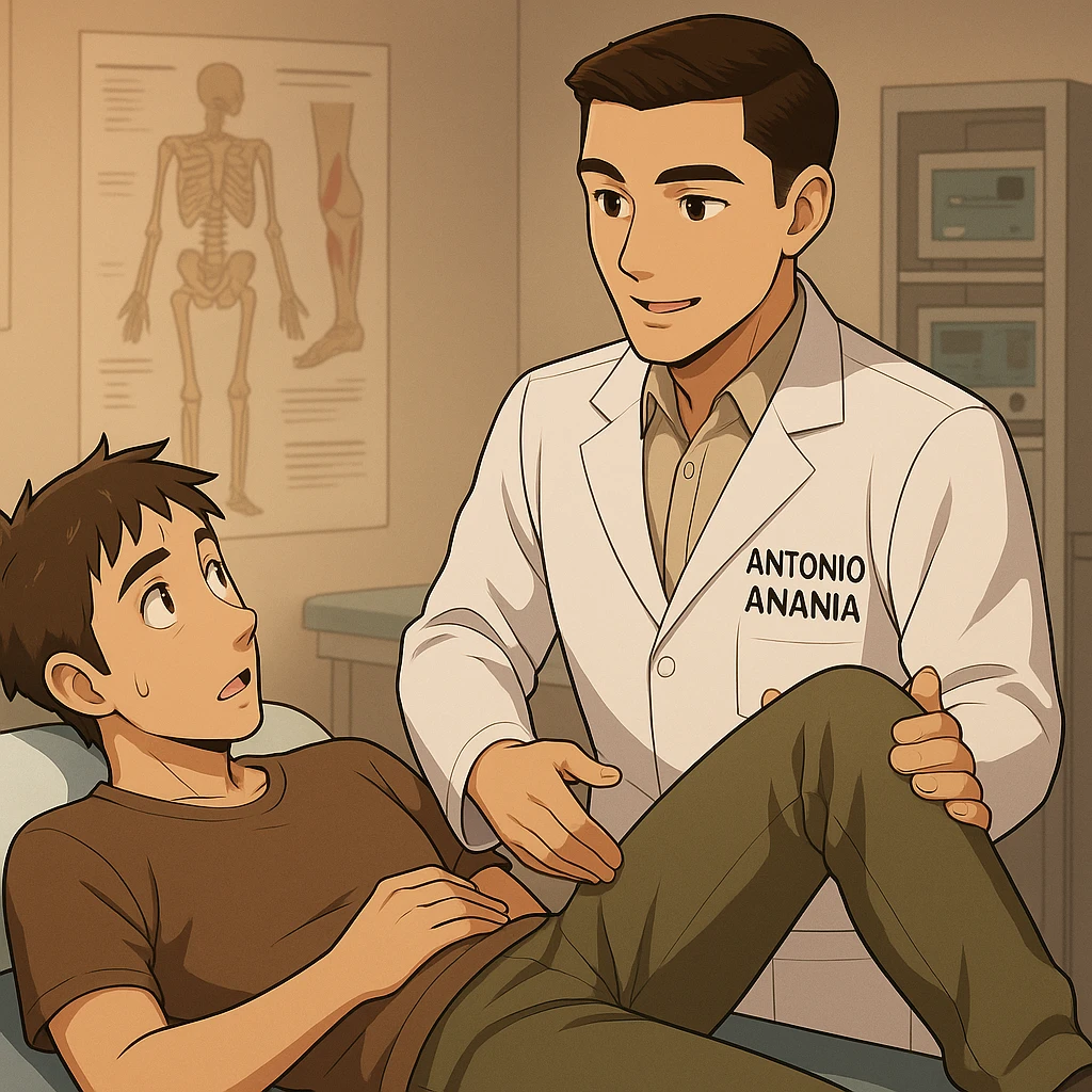 fai un webtoon manga a colori con questo stile, in cui un uomo è steso sul lettino medico e il kinesiologo con il camice bianco (fagli anche la scritta "ANTONIO ANANIA" SUL CAMICE, gli solleva una gamba per fargli il test neuromuscolare, IL KINESIOLOGO SPIEGA ALL'UOMO UNA cosa mentre gli alza la gamba. non fare i fumetti però, fai solo in modo che sembri stiano parlando emoji
