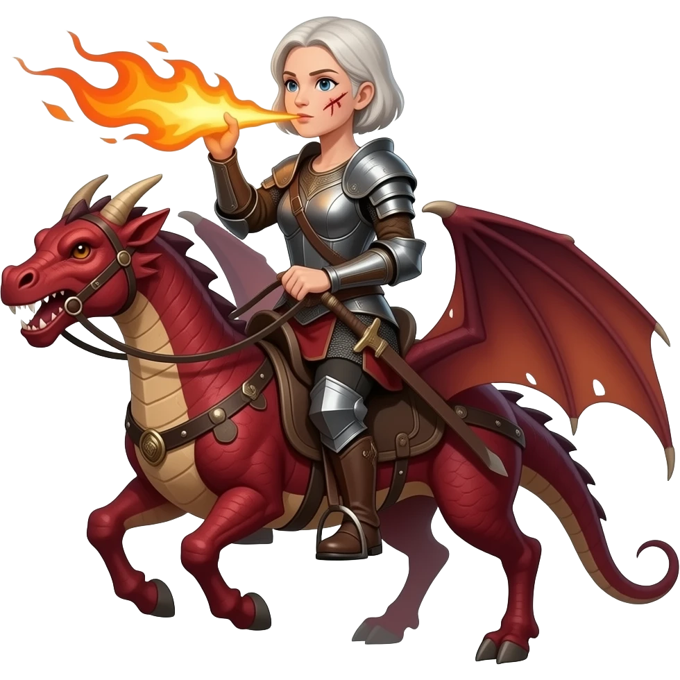 older Targerian woman warrior with short hair riding dragon emoji
