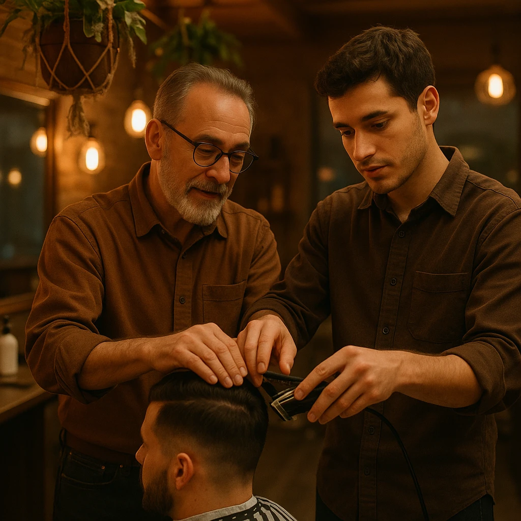 Inside a cozy barbershop with soft lighting, an experienced barber gently teaches his apprentice, guiding his hands as they cut hair together. The room is filled with warmth, plants hanging from the ceiling, and the hum of clippers emoji