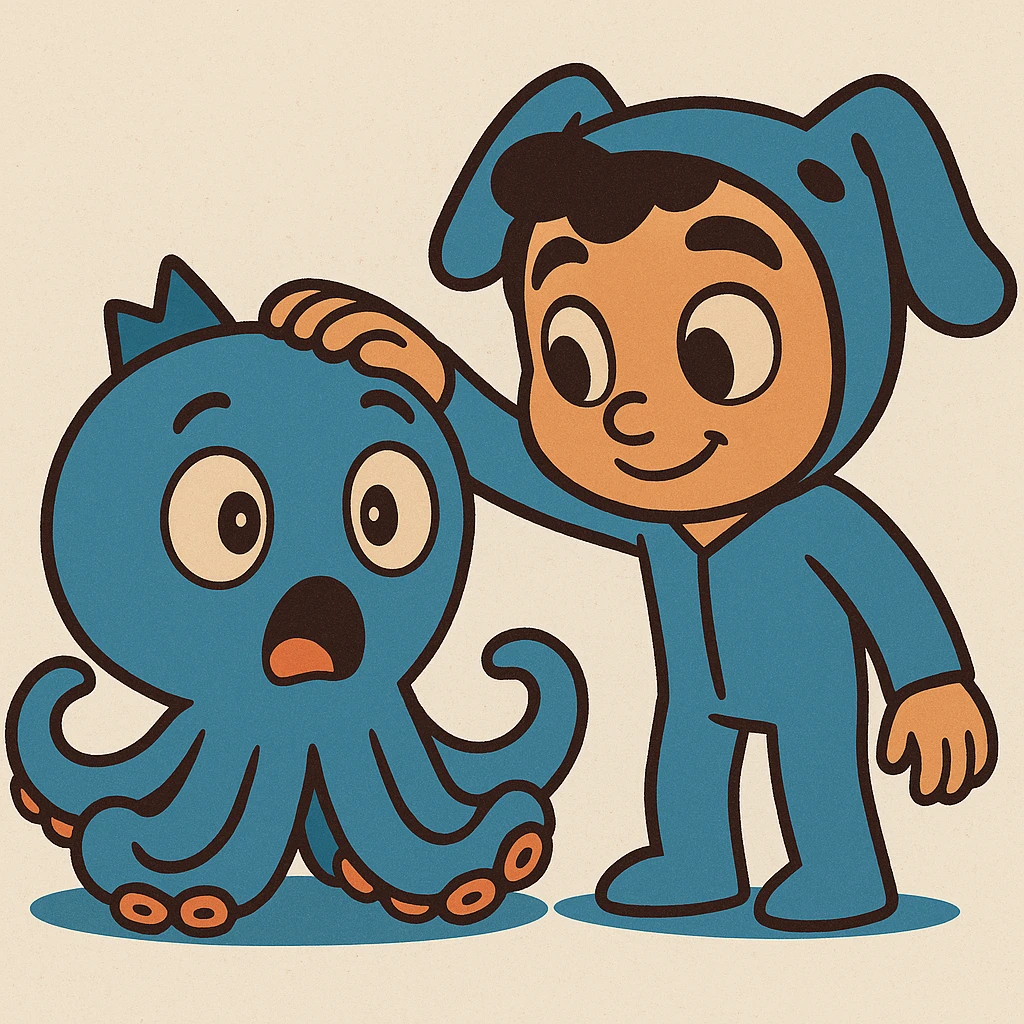 Change the octopus to have a surprised expression with wide eyes and open mouth, while the human keeps a gentle smile. Cartoon style, keep the same pose. emoji