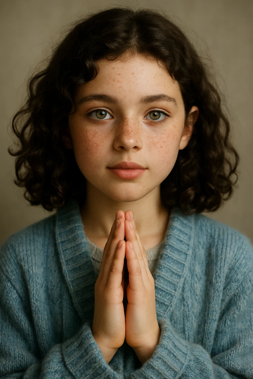 a young girl with dark brown curly hair just below her shoulders, green eyes, freckles, plump lips, wearing a cozy cardigan in milky blue tones, hands folded as in prayer or gratitude, looking forward emoji