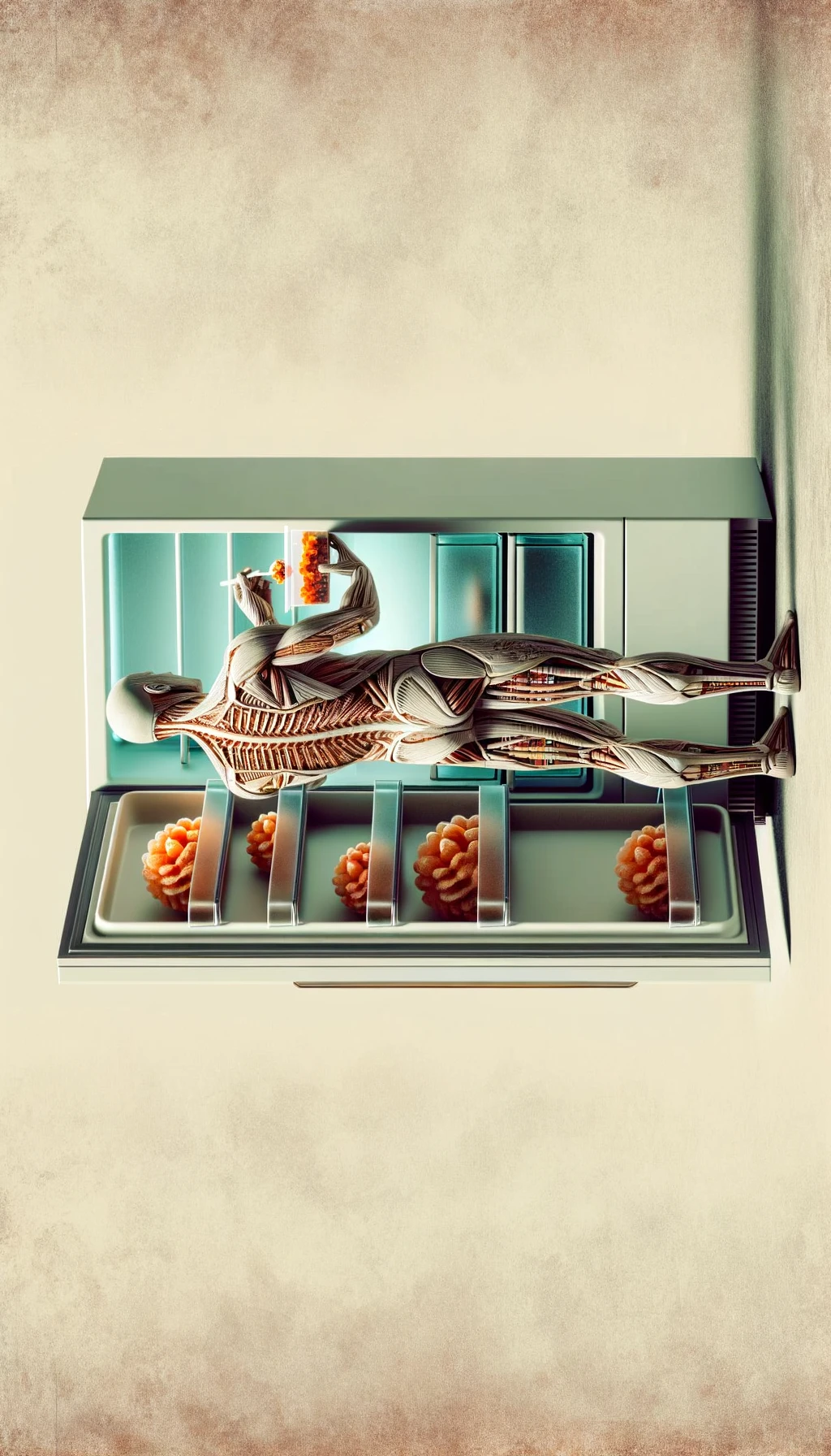 corpo umano anatomico di spalle che mette una schiscetta con del cibo già cotto in frigo, sfondo neutro chiaro emoji