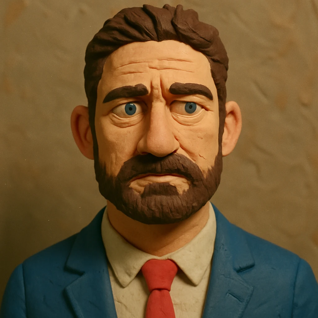 portrait inspired by Gerard Butler, face narrower and forehead slightly larger, claymation style, slightly different expression emoji