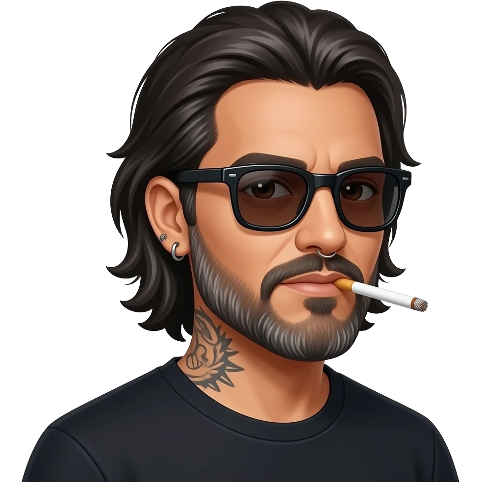 The handsome manly Latino podcast host with medium length hair, a long  slightly graying beard and tattoos with his ears pierced and a nose ring on the right side, dark brown eyes, dark sunglasses, smoking cigarettes emoji