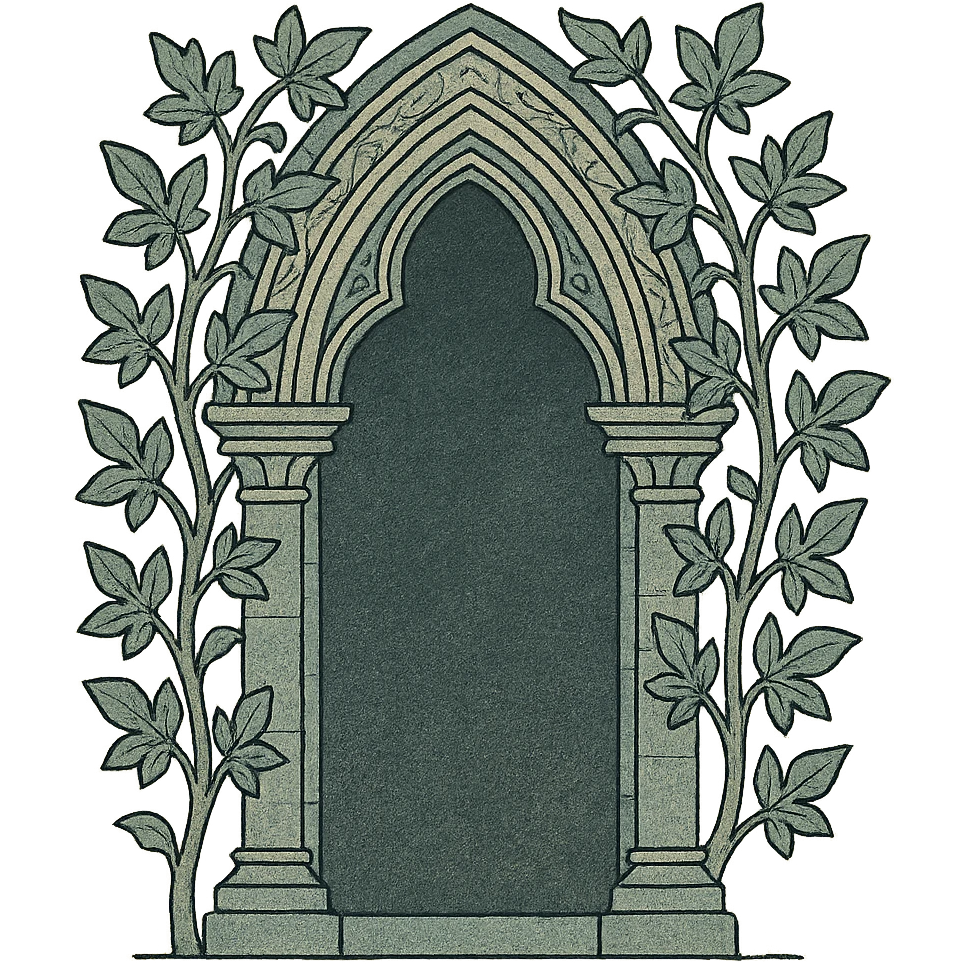 gothic archway with climbing ivy, mysterious, medieval art style emoji