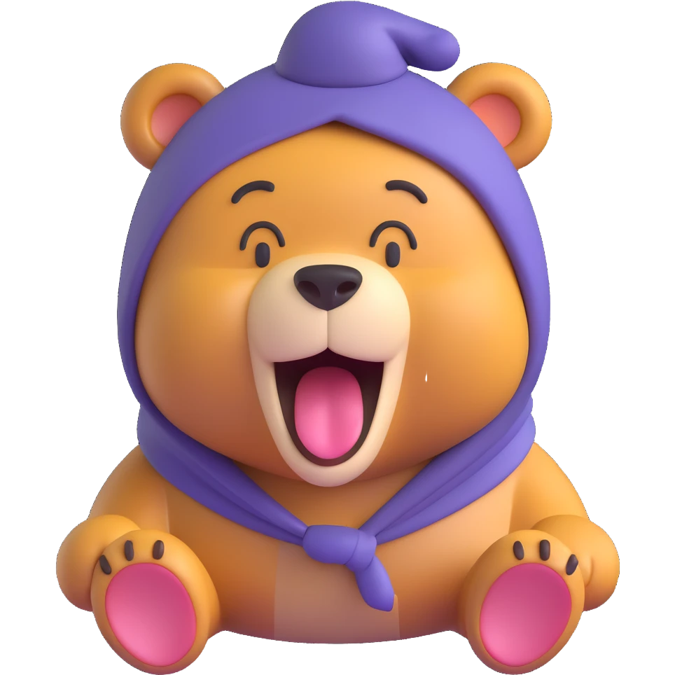 sweet cute 3D emoji style bear looking sleepy with droopy eyes yawning wearing a little nightcap emoji