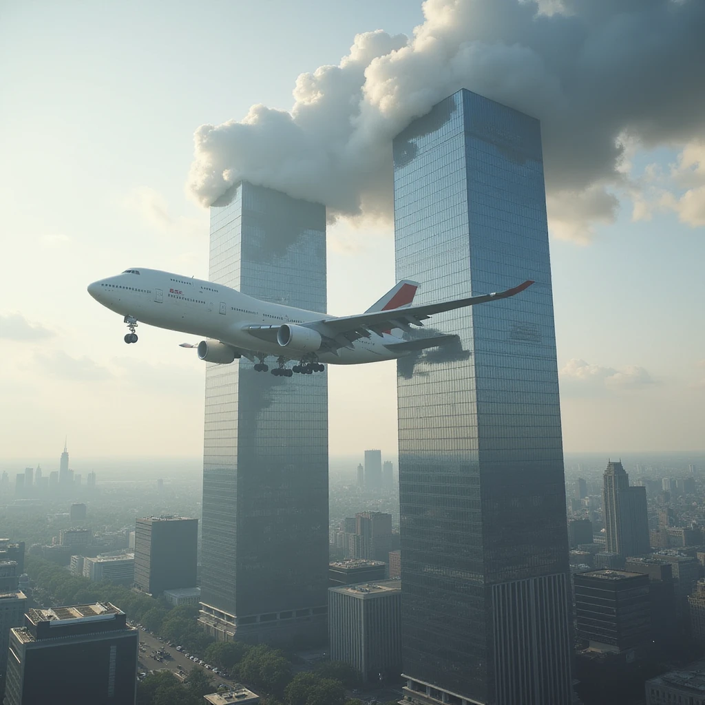 realistic cityscape with two towers, airplane impacting the left tower, detailed clouds and smoke emoji