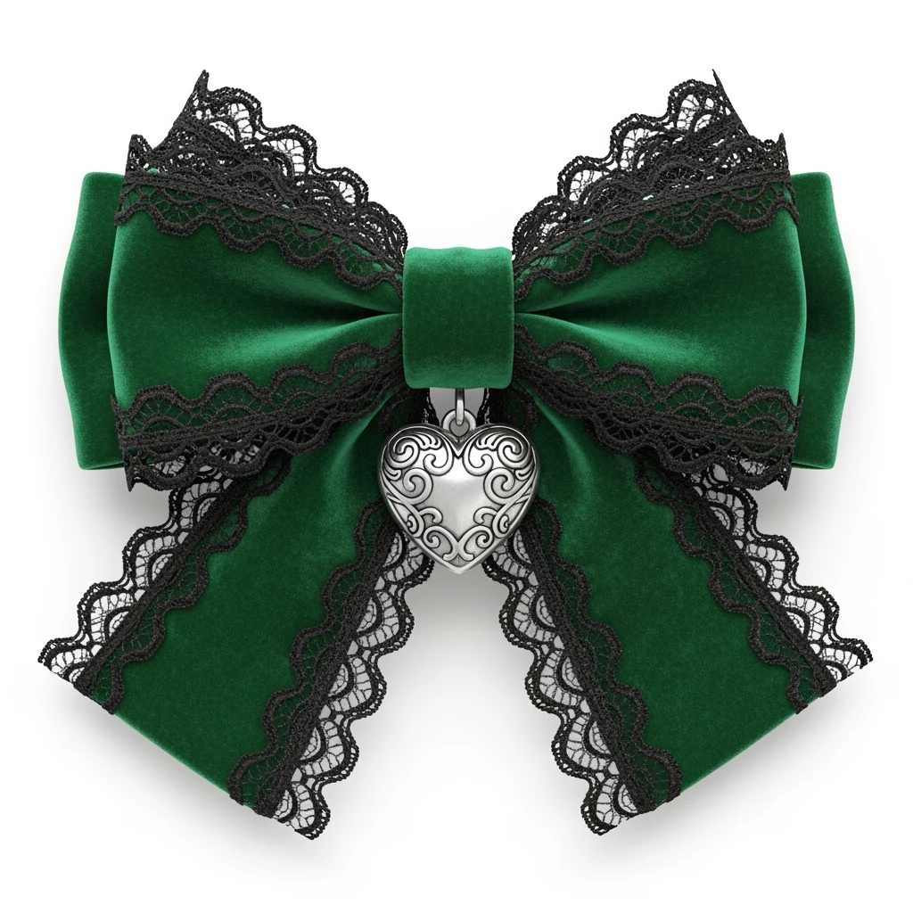 green gothic bow with black lace trim and heart charm, remove background emoji