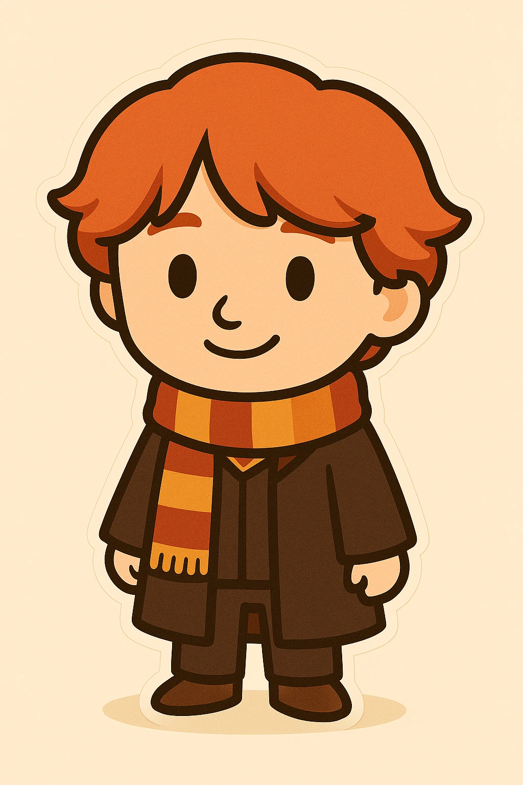 Full body illustration of Ron Weasley in a cute, cartoon, simplified style similar to the previous image: red hair, striped scarf, Hogwarts robe, friendly expression, bold black lines, and soft colors. emoji