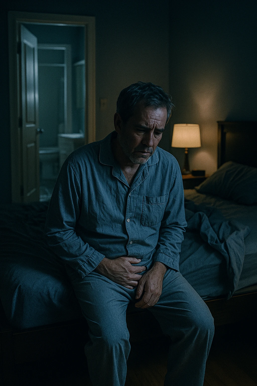 A nighttime scene inside a dimly lit bedroom. A man in his 50s sits stanco sul bordo del letto, con lo sguardo perso nel vuoto, mentre una luce fioca proviene dalla lampada sul comodino. Indossa un pigiama spiegazzato, e si tiene leggermente la zona bassa dell’addome. Dietro di lui, il letto è visibilmente disfatto, segno di sonno interrotto. Una porta socchiusa sullo sfondo mostra la luce accesa in bagno, con il pavimento riflettente che indica i numerosi passaggi notturni. Il tono è cupo ma realistico, con colori freddi, blu e grigi, e un leggero bagliore lunare che filtra dalla finestra. Stile: 35mm film, profondità emotiva, dettaglio ambientale. in italiano emoji
