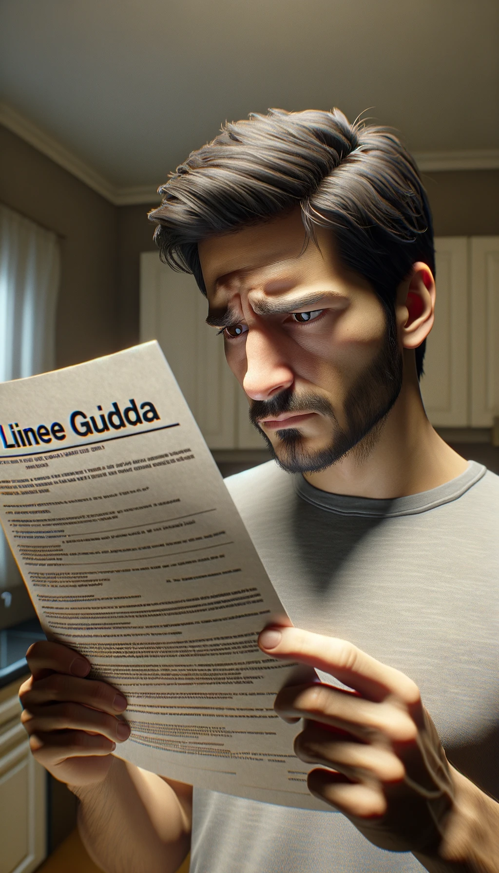 UOMO che legge DUBBIOSO un foglio con la scritta "LINEE GUIDA" IN ITALIANO, sullo sfondo la sua cucina sfocata con toni chiari neutri, iperrealistico 4k emoji