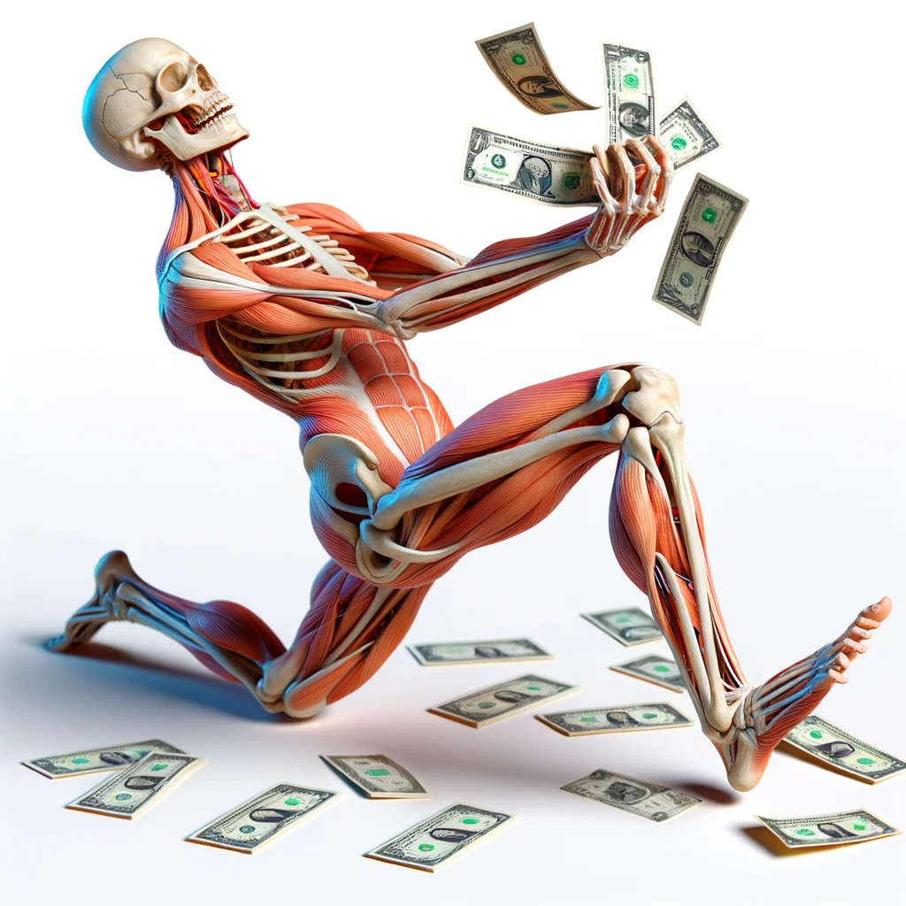 corpo umano anatomico che guadagna soldi senza sforzo, iperrealistica 4k, isolato su sfondo bianco emoji