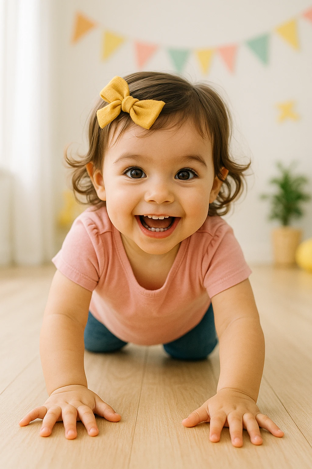 a young girl crawling toward the camera, playful, smiling, hands extended emoji