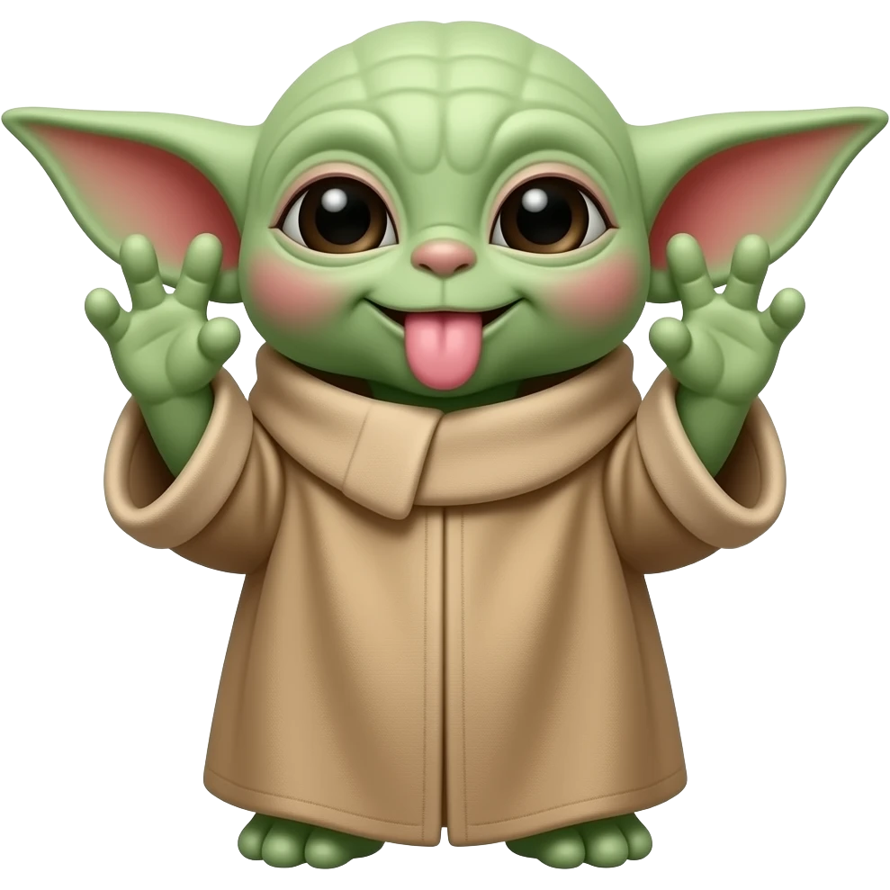 Baby Yoda with his fingers in his ears wiggling his hands and sticking his tongue out emoji