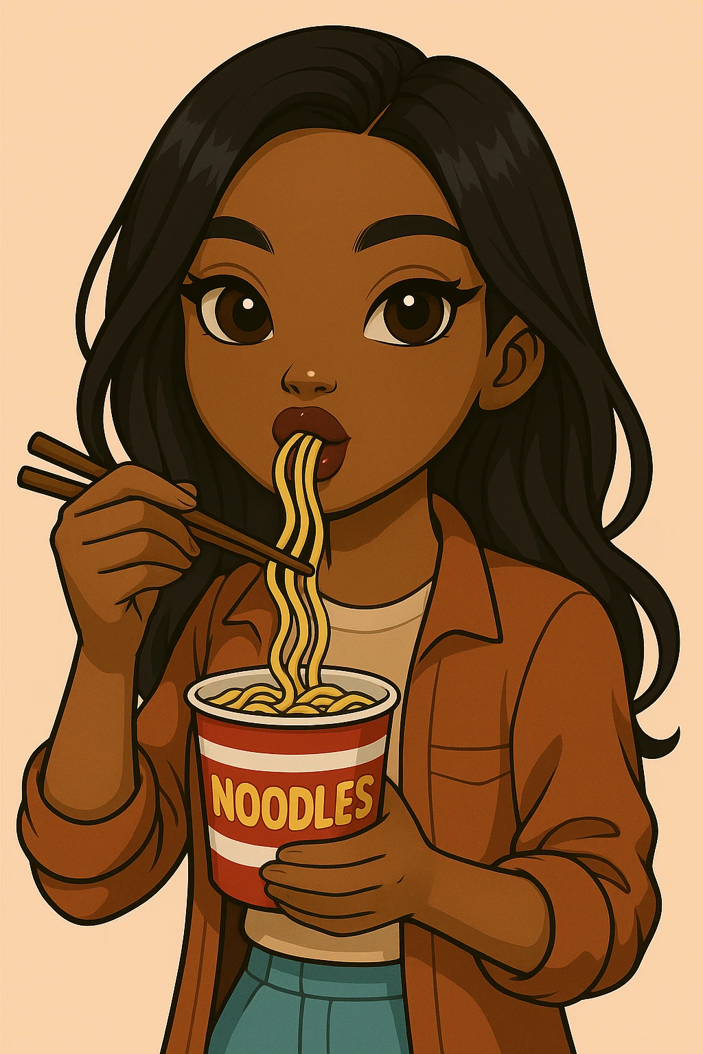 Change the pose to a 20-year-old anime Bratz style woman with dark skin, straight hair, trendy outfit, big expressive eyes, glossy lips, no hat, no tears, happy expression, looking straight ahead, eating a cup of noodles with chopsticks, headshot only. emoji