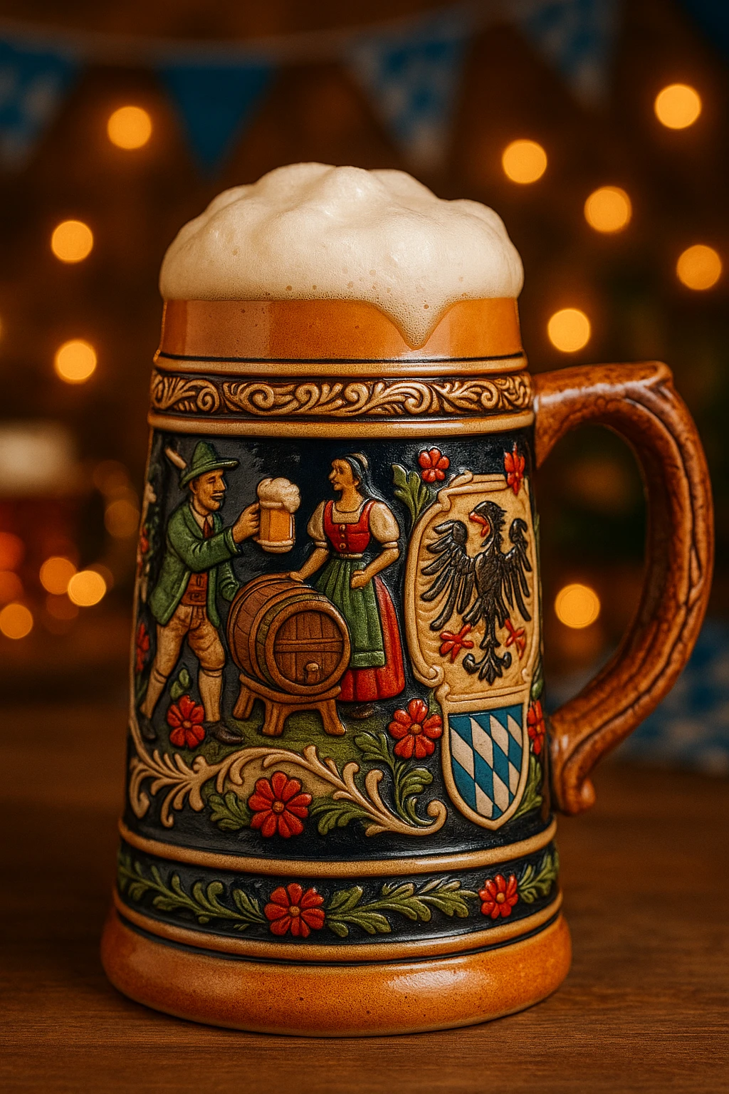 Beer stein with foam, Oktoberfest style, traditional and festive emoji